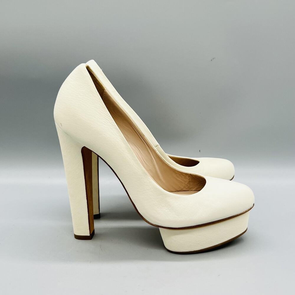 Le Silla Shoes Womens 7.5 White Leather High Platform Block Heel Pumps Round Toe